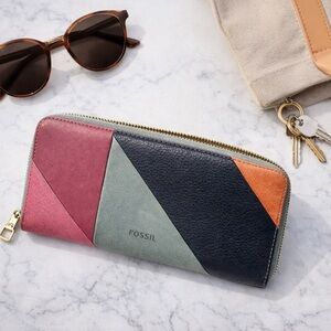 Fossil Colorblock Leather Zip Around Wallet Gray Pink Navy